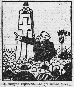 Caricature de Poincaré prononçant son discours à la Haute Chevauchée - L'Humanité du 1er août 1922